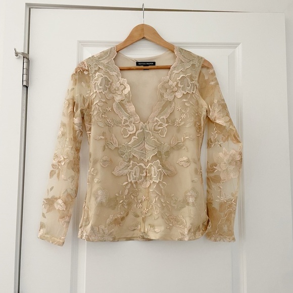 Boston Proper Embroidered Mesh Overlay Floral Top Metallic - Picture 1 of 7